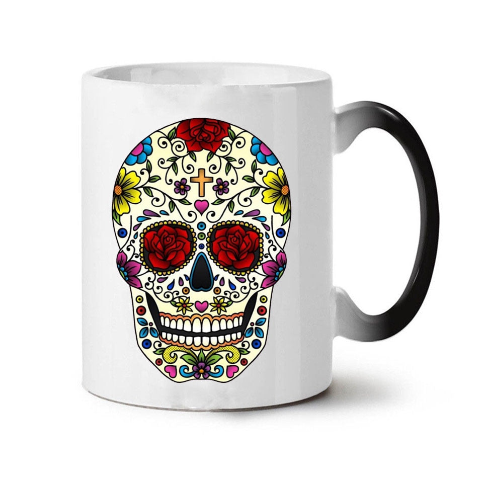 Colorful Skull Mugs Glass Heat Color Changing Cup Discoloration Magic