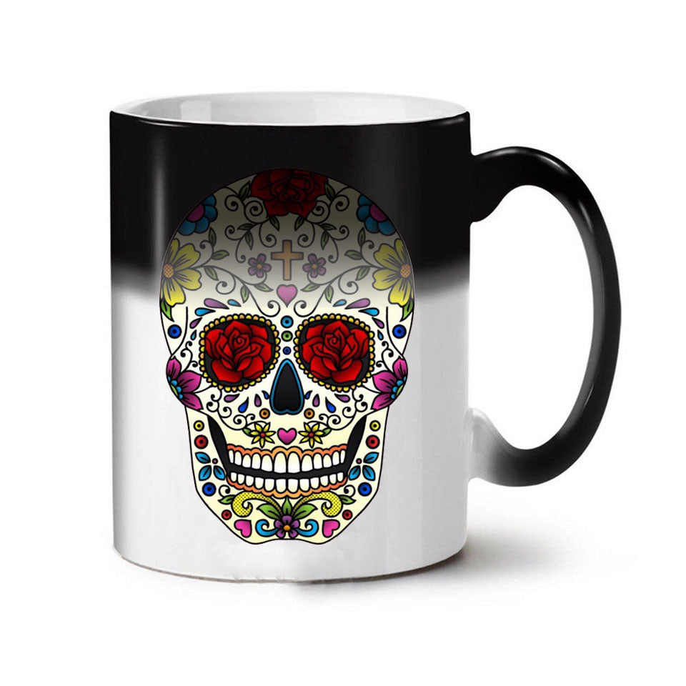 Colorful Skull Mugs Glass Heat Color Changing Cup Discoloration Magic