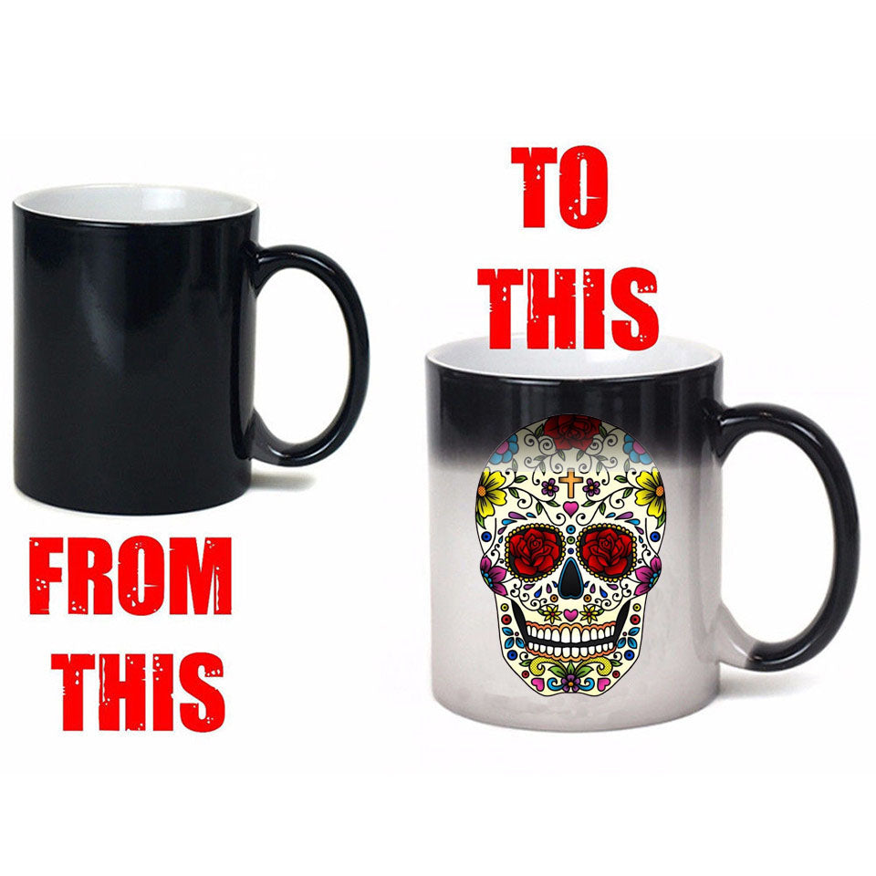 Colorful Skull Mugs Glass Heat Color Changing Cup Discoloration Magic