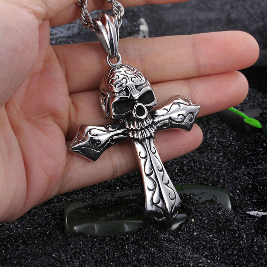 Cool Large Biker Stainless steel Skeleton skull Cross Pendant