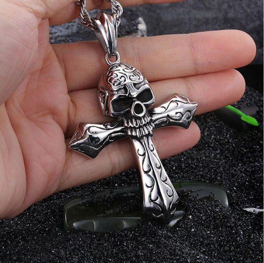 Stainless steel Skeleton skull Cross Pendant Men's Rope Necklace Gothic Jewelry 24'' Vintage