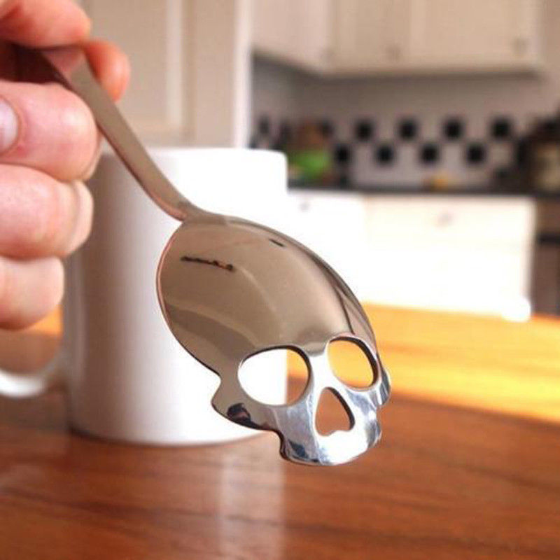 Set 5 spoons - Creative Stainless Steel Skull Shape Coffee Sugar Stirring Drink Scoop Spoon Dessert Gothic Tableware Kitchenware Cutlery Gift