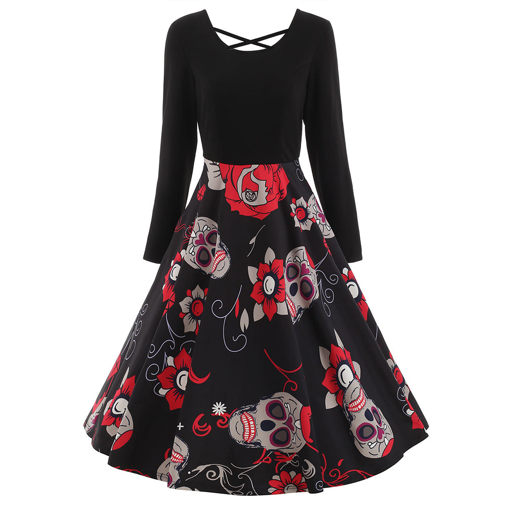 Sugar Skull Print Retro Dress Round Neck Long Sleeves Women Vintage Dress