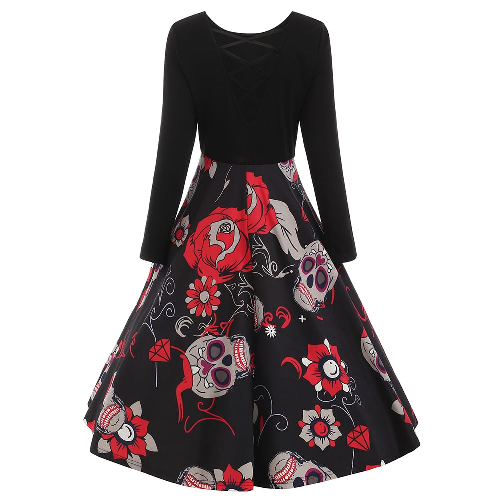 Sugar Skull Print Retro Dress Round Neck Long Sleeves Women Vintage Dress