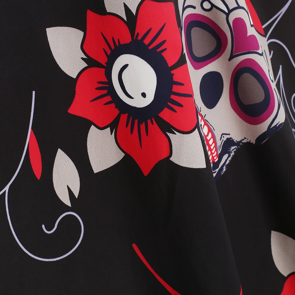 Sugar Skull Print Retro Dress Round Neck Long Sleeves Women Vintage Dress