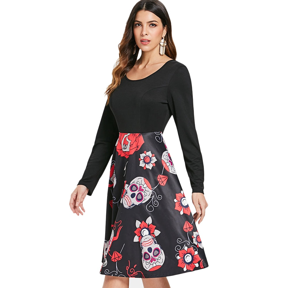 Sugar Skull Print Retro Dress Round Neck Long Sleeves Women Vintage Dress