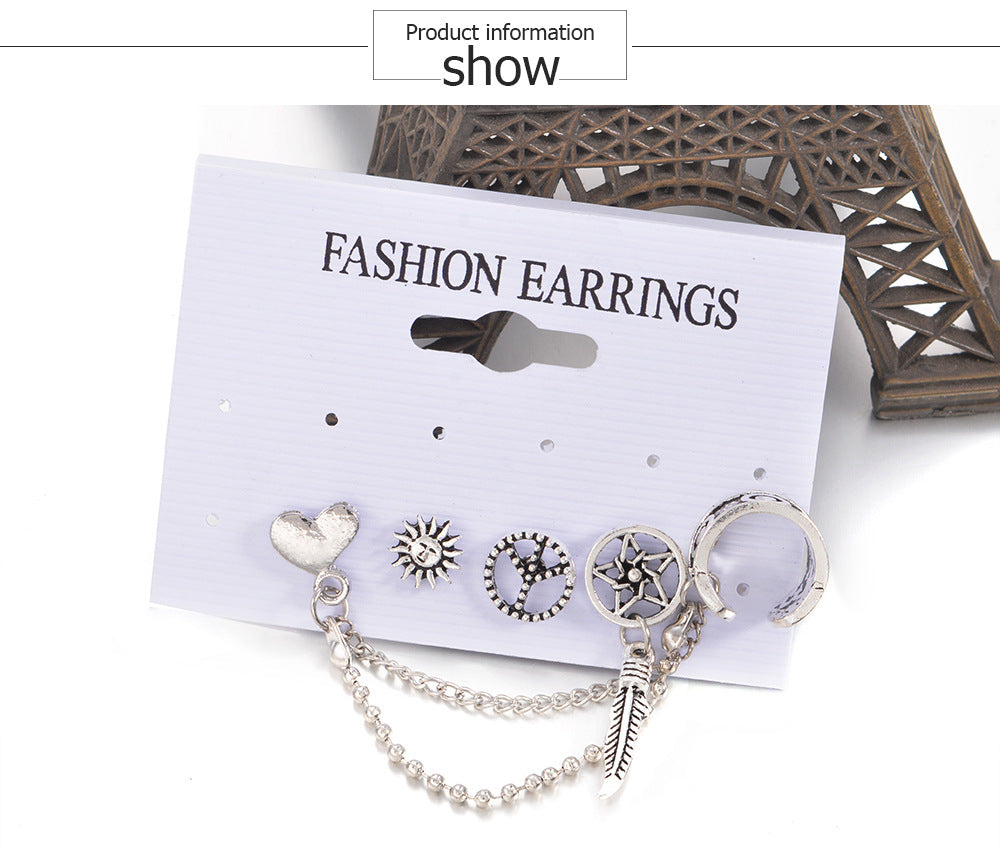 Vintage Elegant Statement Chain Sun Moon Leaves Earrings Fashion Jewelry Silver Ear Cuff Clip Earrings For Women