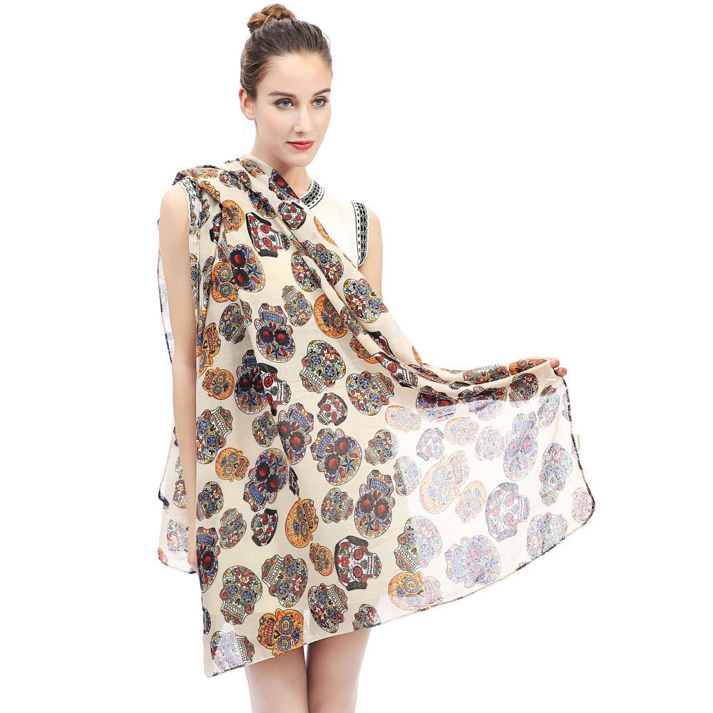 Day of the Dead Multicolored Sugar Skull Print Women's Large Scarf Shawl Wrap Soft Lightweight for All Seasons