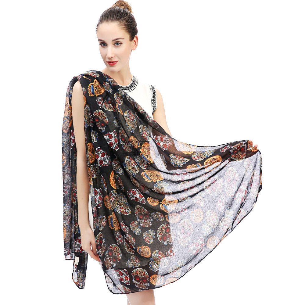 Day of the Dead Multicolored Sugar Skull Print Women's Large Scarf Shawl Wrap Soft Lightweight for All Seasons