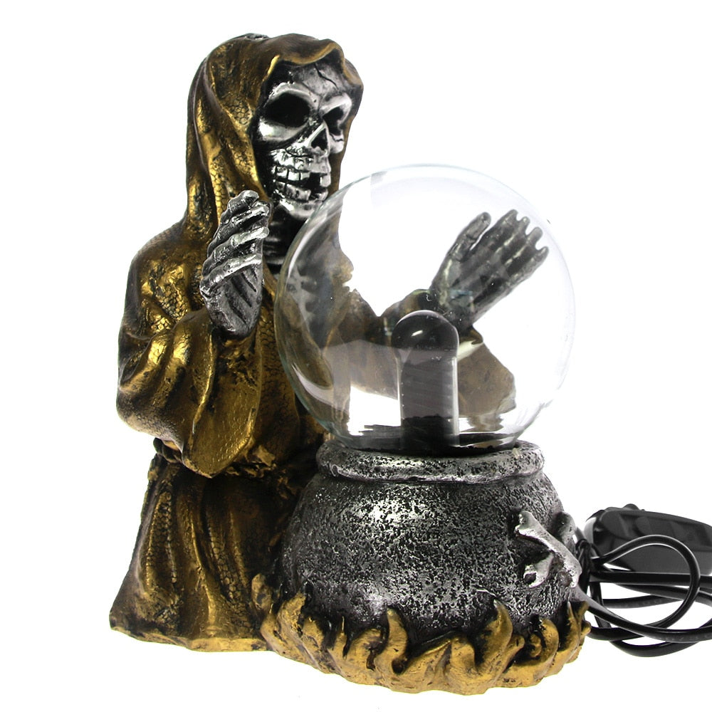 Destroyer Of Worlds Grim Reaper Sculpture Plasma Lightning Crystal Ball Touch Reactived Skull Halloween Resin Figurine Statue