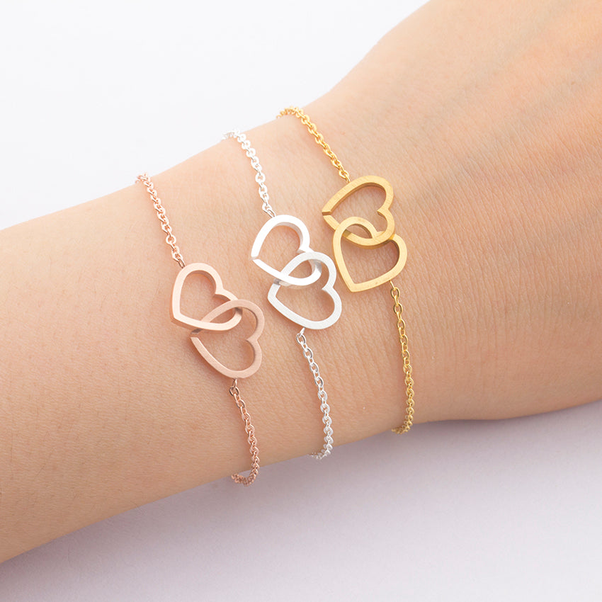 Double Heart Charm Bracelet For Women Rose Gold Pulsera Jewelry Stainless Steel Chain Armbanden Bijoux Femme Bridesmaid Gifts