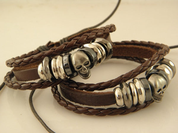 Wholesale Vintage Braided Leather Bracelet Bangle Punk Rock Skull Wristband For Men Bracelets Gift YK2041