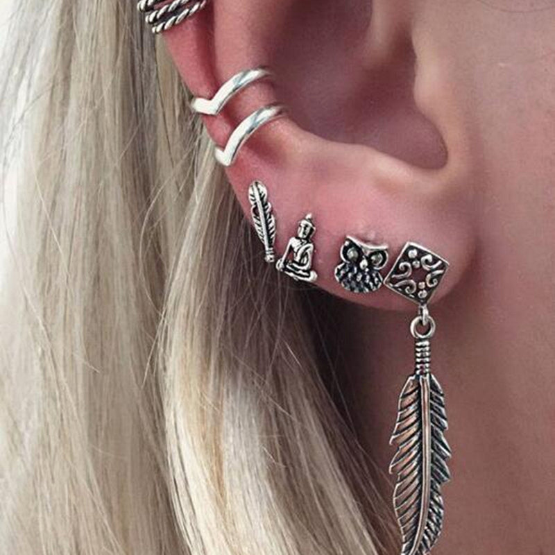 Punk Style Earring Sets For Women Ethnic Bohe Silver Color Ear Clip Tassel Earrings Feather Leaf Owl Earrings Wholesale