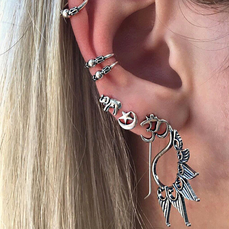 Punk Style Earring Sets For Women Ethnic Bohe Silver Color Ear Clip Tassel Earrings Feather Leaf Owl Earrings Wholesale
