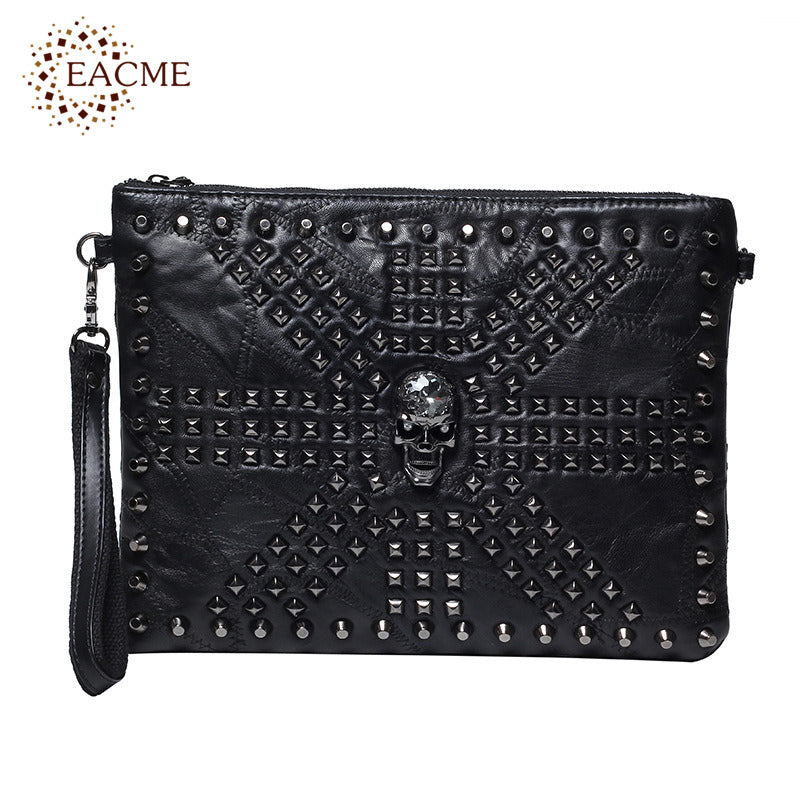 Thread Skull Envelope Bags Men Day Clutches Punk Rivets PU Document Wristlet Handbag Messenger Shoulder Bag HOT