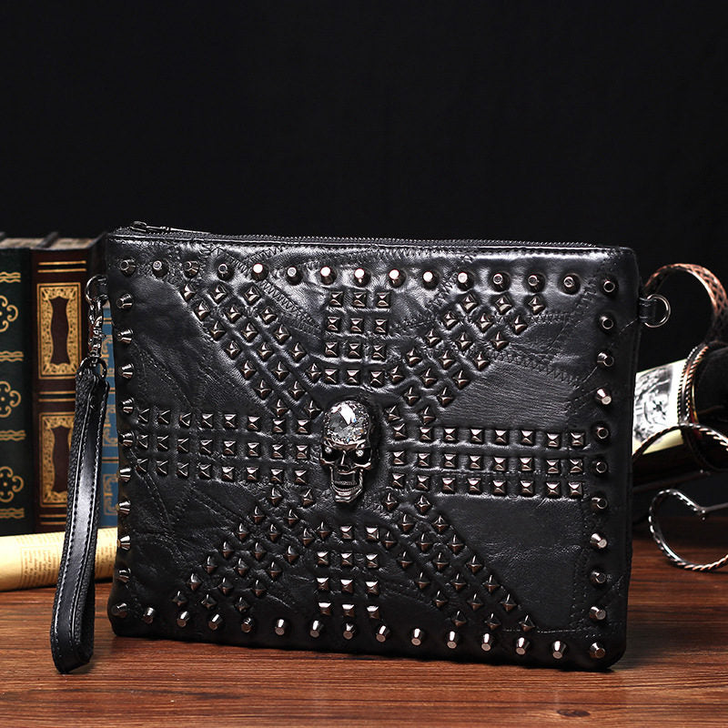 Thread Skull Envelope Bags Men Day Clutches Punk Rivets PU Document Wristlet Handbag Messenger Shoulder Bag HOT