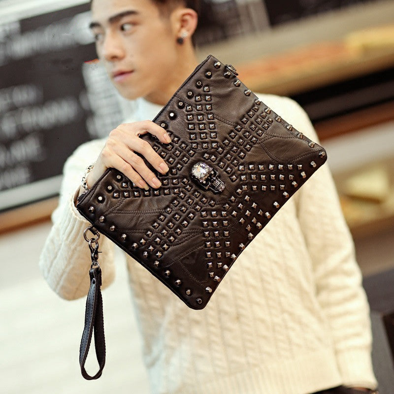 Thread Skull Envelope Bags Men Day Clutches Punk Rivets PU Document Wristlet Handbag Messenger Shoulder Bag HOT