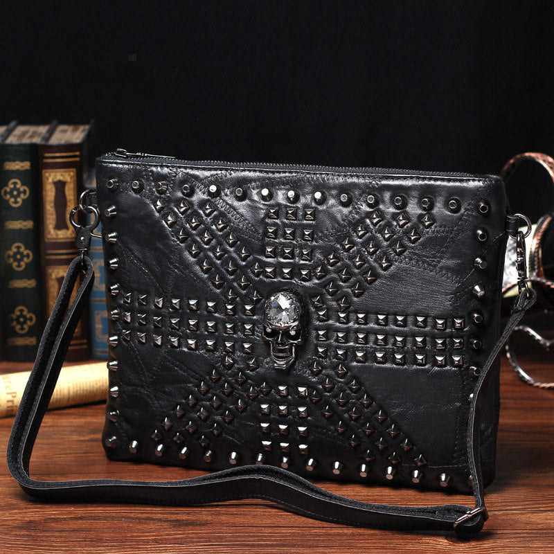 Thread Skull Envelope Bags Men Day Clutches Punk Rivets PU Document Wristlet Handbag Messenger Shoulder Bag HOT