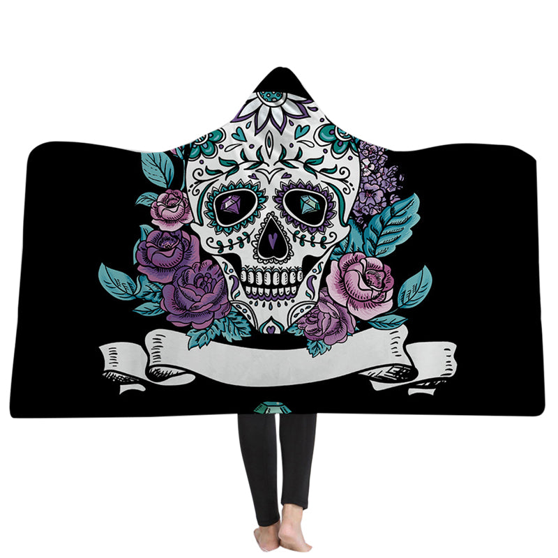 3D Blanket Black Hooded Blankets Skull Floral