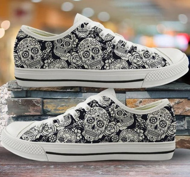 Women Sugar Skull Print Low Top Flat Shoes