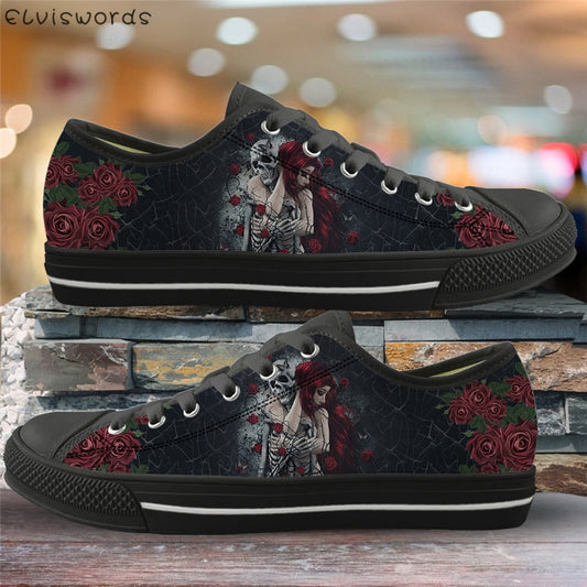 Gothic Skull Girl 3D Print Canvas Shoes Comfortable Mesh Vulcanized Shoes for Ladies Lightweight Low Top Flat Shoes