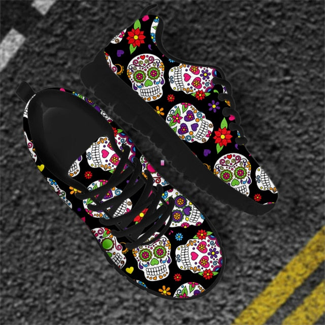 Sugar Skull Pattern Stylish Ladies Flats Shoes Breathable Lace Up Air Mesh Sneakers