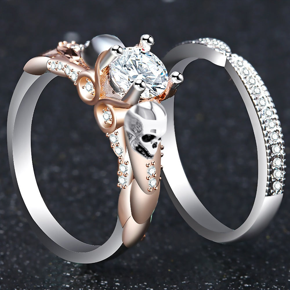 Silver Classic Double-deck Gothic Skull Style Engagement Colour Crystal Zircon Rings For Women Trendy Jewelry Gift Ring