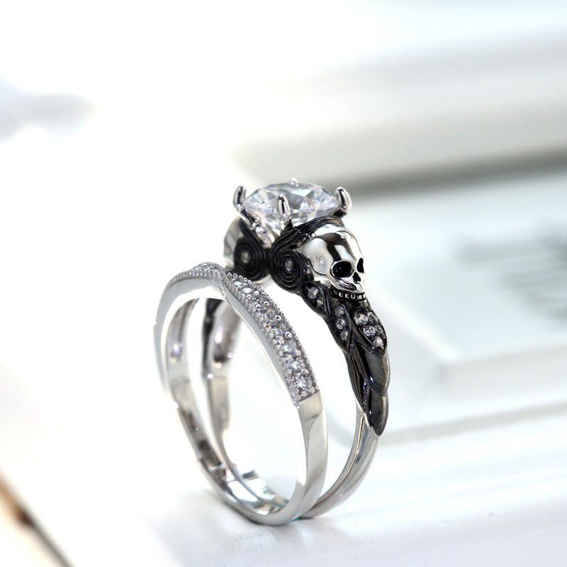 Silver Classic Double-deck Gothic Skull Style Engagement Colour Crystal Zircon Rings For Women Trendy Jewelry Gift Ring