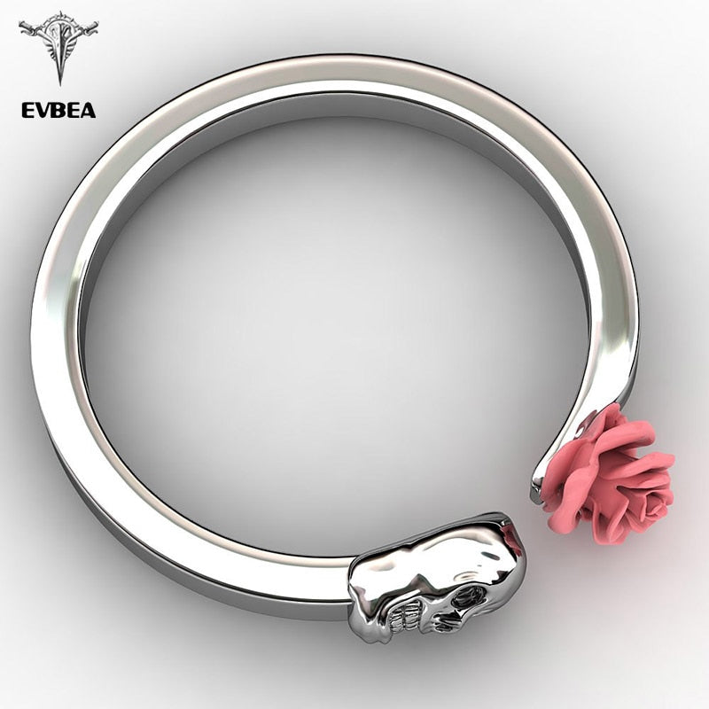 Fashion Skull Womens Ring 316L Stainless Steel Punk Rock Rings Charm Female Inlaid Red Rose Rings