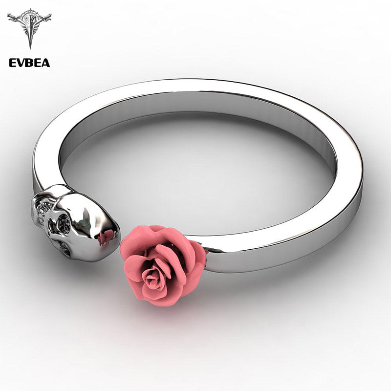 Fashion Skull Womens Ring 316L Stainless Steel Punk Rock Rings Charm Female Inlaid Red Rose Rings