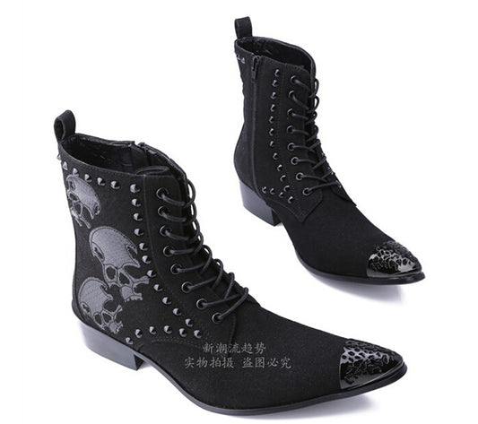 Europe style new autumn winter ankle high tube hair pointed boots shoes men black suede leather rivets skull motorcycle boots