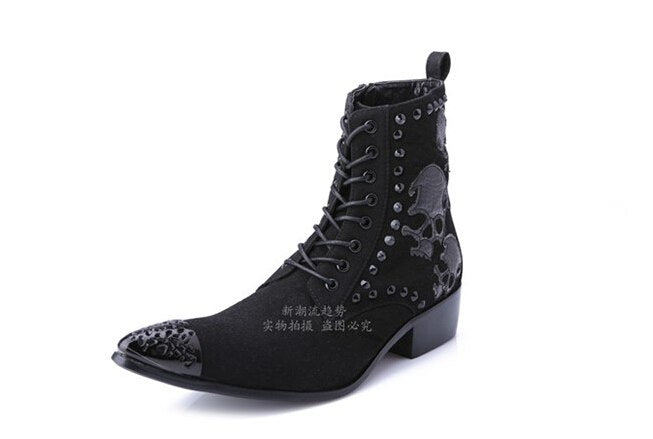 Europe style new autumn winter ankle high tube hair pointed boots shoes men black suede leather rivets skull motorcycle boots