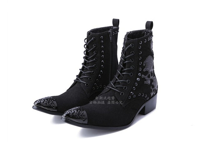 Europe style new autumn winter ankle high tube hair pointed boots shoes men black suede leather rivets skull motorcycle boots