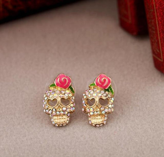 European and American Fashion Trade Jewelry Roses Flower Skull Head Color Crystal Stud Earrings For Women Jewelry