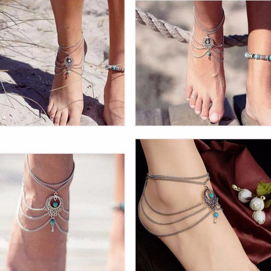 Ethnic gem Beads Anklet Chic Tassel Foot Chain Ankle Bracelet Body Jewelry Anklets For Women