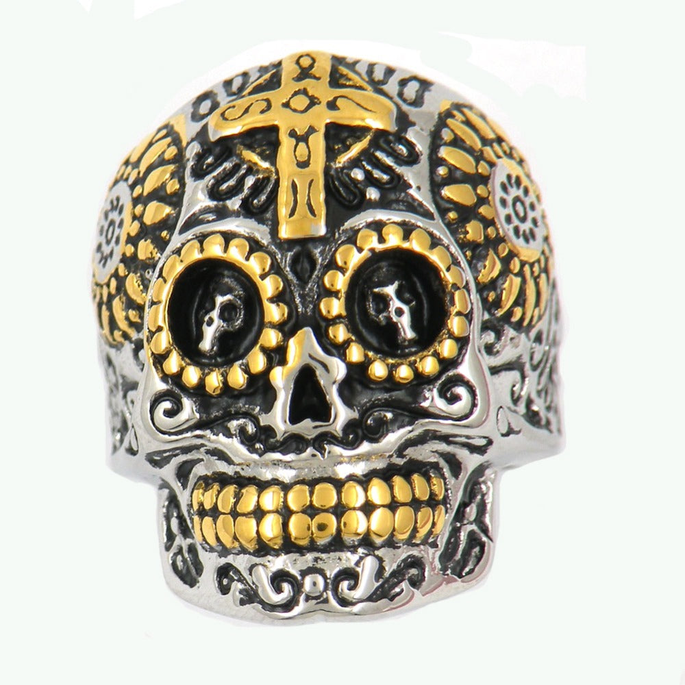 Stainless steel jewelry cross on the head gear eye technical sunflower ghost skull biker ring FSR13W15G