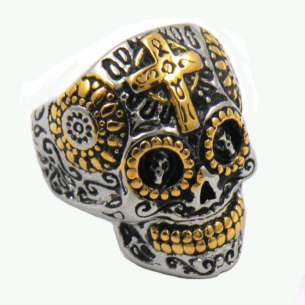 Stainless steel jewelry cross on the head gear eye technical sunflower ghost skull biker ring FSR13W15G