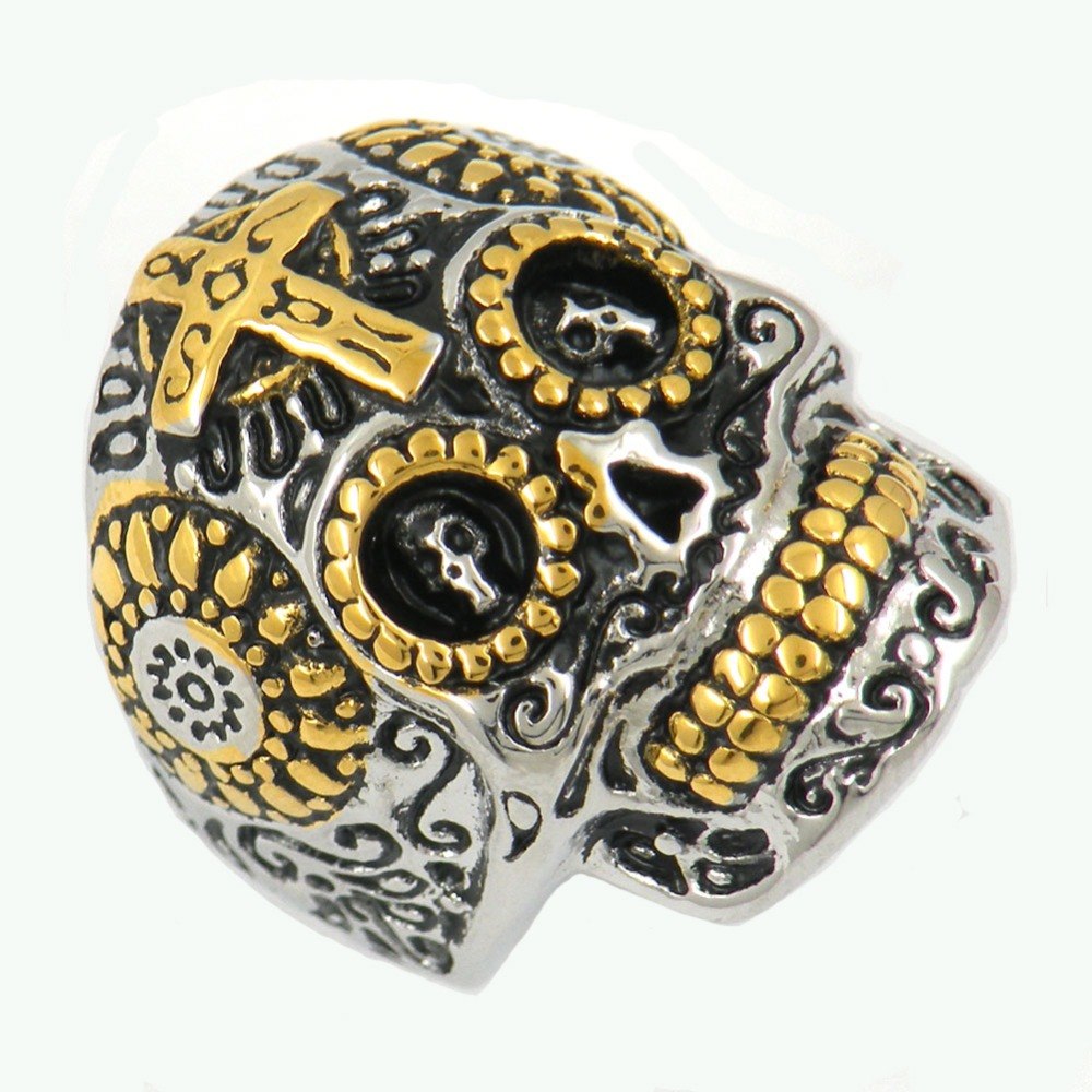 Stainless steel jewelry cross on the head gear eye technical sunflower ghost skull biker ring FSR13W15G