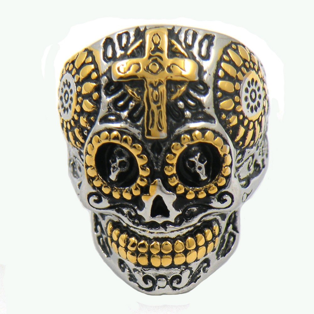 Stainless steel jewelry cross on the head gear eye technical sunflower ghost skull biker ring FSR13W15G