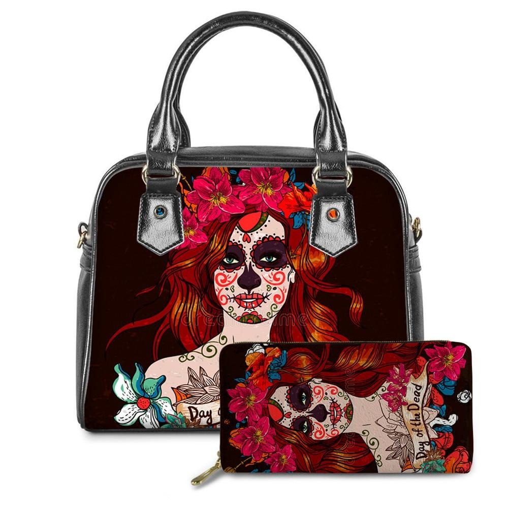 Set of 2 Sugar Skull Girls Handbags Women Gothic Bags & Wallet