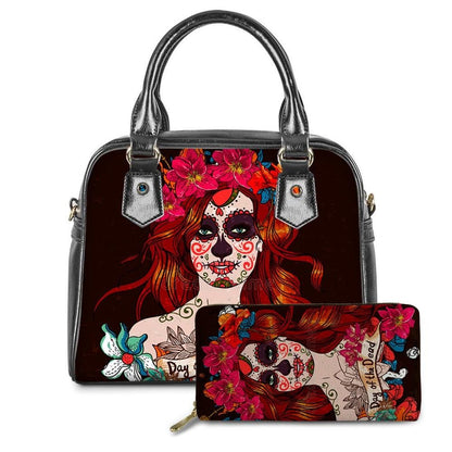 Set of 2 Sugar Skull Girls Handbags Women Gothic Bags & Wallet