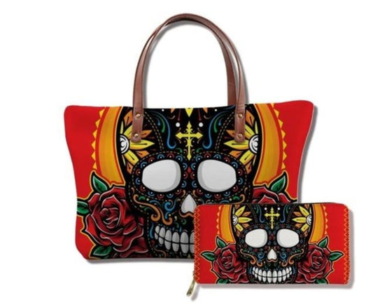 Set of 2 Women Purse & Wallet Set Sugar Skull Gothic Mexican Bag & wallet