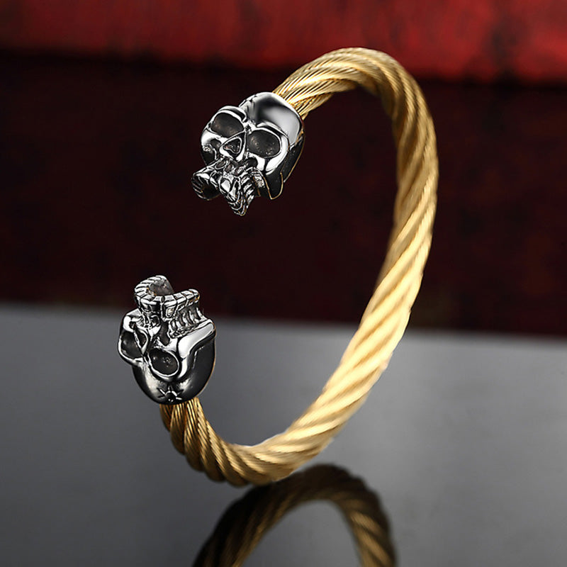 Punk Rock Stainless Steel Bracelet Men Antique Silver Gold Color Skull Bracelet Men Gothic Jewelry Open Bracelet&Bangles