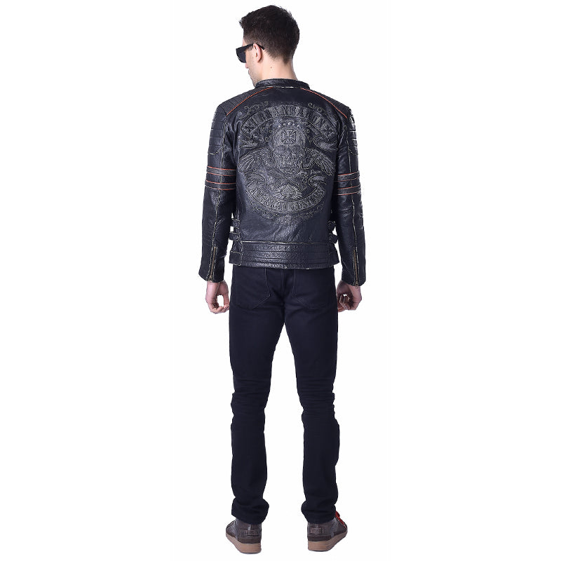 Factory Genuine Cow Skin Skull Leather Motorcycle Jacket Men's Leather