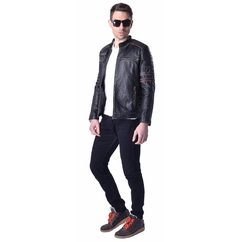 Factory Genuine Cow Skin Skull Leather Motorcycle Jacket Men's Leather