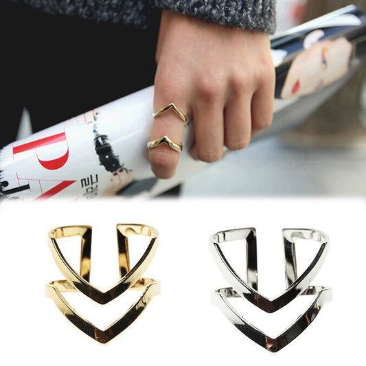 Fashion Gold Silver Plated Double V-shaped Half Opened Adjustable Vintage Woman Rings Charming Jewelery