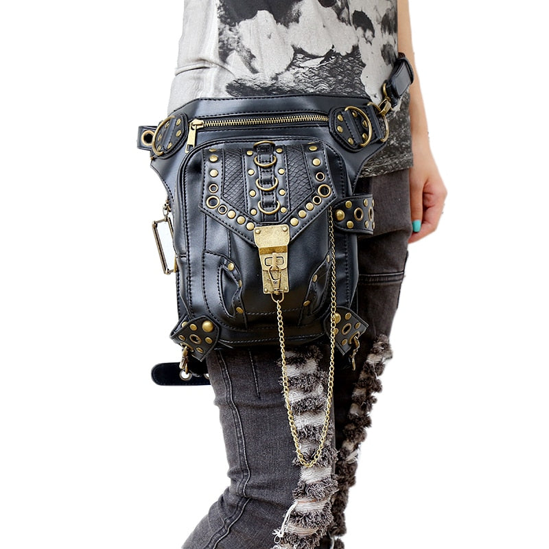 Fashion Gothic Steampunk Skull Retro Rock Bag Men Women Waist Bag Shoulder Bag Phone Case Holder Vintage Leather Messenger Bag