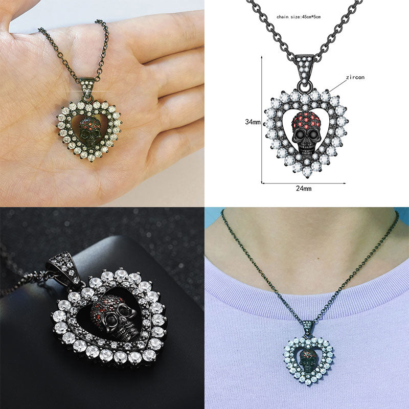 Fashion Love Heart Punk Skull Necklaces Pendants Zircon Crystals   Necklaces