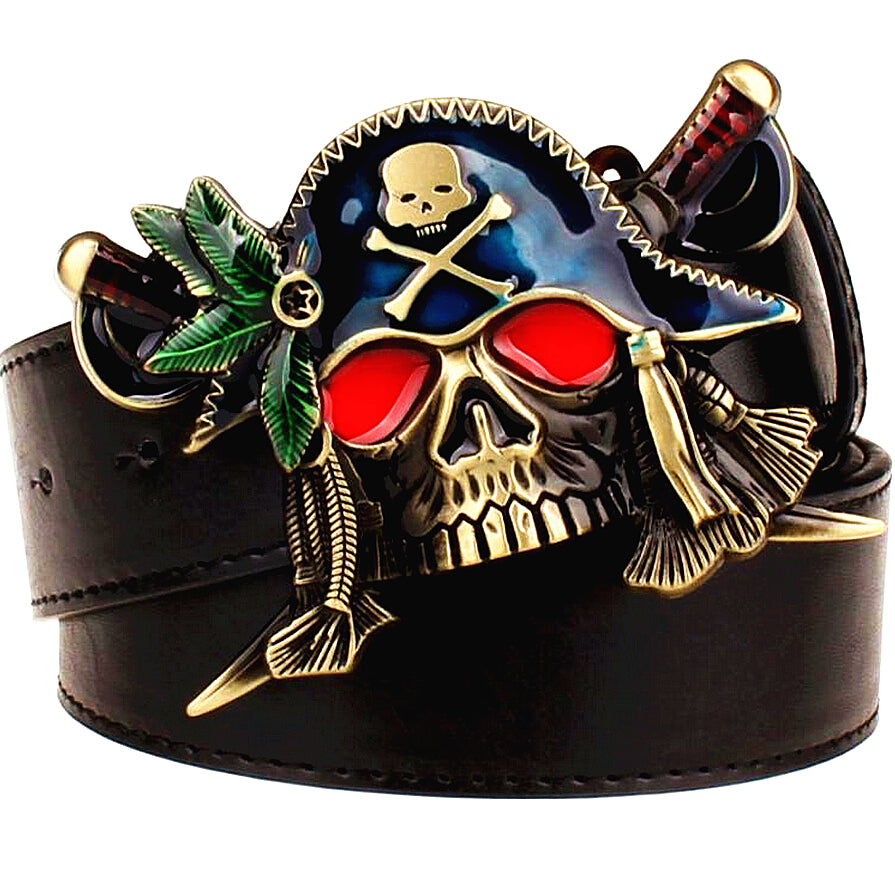 Fashion New men's leather belt metal buckle colored pirate belts punk rock exaggerated skull pirate belt hip hop girdle