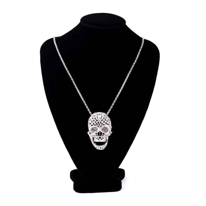 Fashion Stereo Skull Necklace high quality inlaid rhinestone Pendant jewelry long Sweater Chain Pendant Skull Necklace